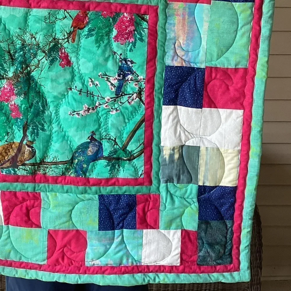NWT Hand Crafted Turquoise Birds in Cherry Blossom Tree Quilt